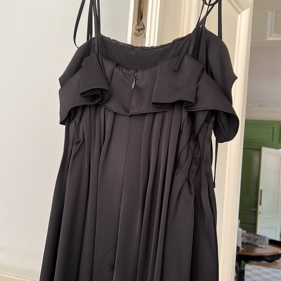 Long flowing silky thin strap black dress with faux ties at shoulders. - Picture 4 of 6